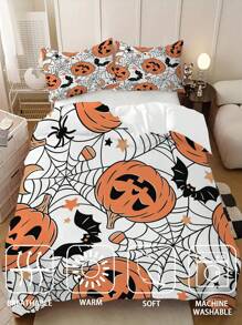 3pcs Halloween Duvet Cover, Pumpkin Bat Pattern Happy Halloween Bedding Set For Bedroom And School Dorm Room (1*Duvet Cover + 2*Pillowcase, Without Core)