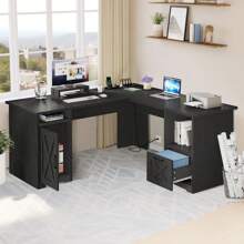 Black 60 Inch L Shaped Desk With Power Outlets Corner Computer Desk With File Drawer And Storage Cabinet For Home Office, Study Room - màu đen - Xem 6