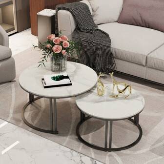 Nesting Coffee Table Sintered Stone, Set Of 2 Nest Marble Round Tables Industrial Style Large Circle Nested Center Sofa Living Room