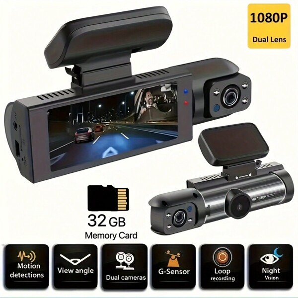 1080P Dual Lens Car Dash Cam, Wide-Angle Front And Inside Recording, IR Night Vision, Loop Recording, 3.16 Inch IPS Screen, High-Definition Car DVR Camera For Safe Driving