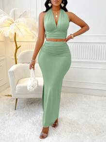 abyoxi Deep V-Neck Backless Tie Crop Top And Pleated Side Slit Maxi Skirt, Fashionable 2-Piece Set Summer - Pea Green - View 6