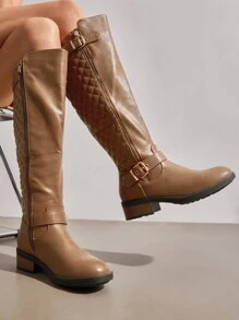 Women's Wide Calf Knee High Boots, Low Stacked Heel Riding Boots For Fall And Winter - Camel - View 2
