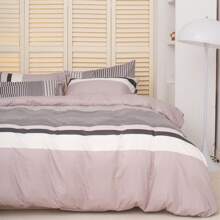 1 Set Polyester Bettwäsche-Set mit elegantem gestreiftem Muster, bestehend aus Bettbezug und 2 Kissenbezügen, geeignet für Schlafzimmer und Hotel ganzjährig - Verschiedenfarbig - Übersicht 3