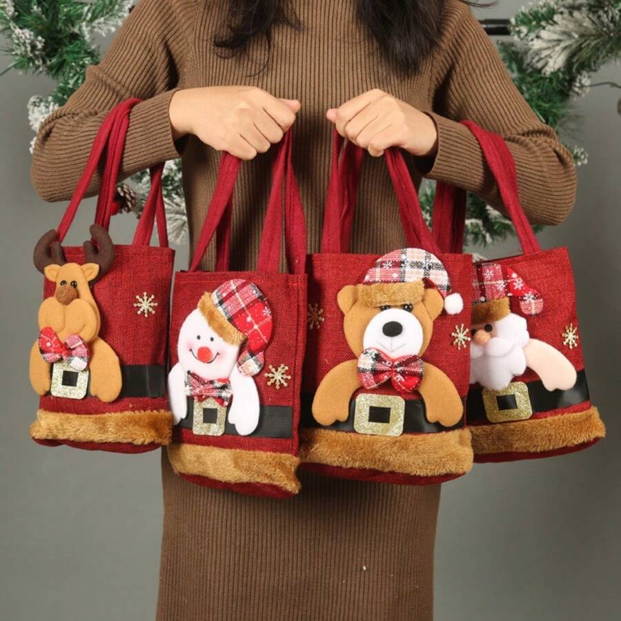 1 件圣诞装饰礼品袋圣诞老人、雪人和鹿设计,布艺手提袋圣诞装饰圣诞派对礼品圣诞派对用品,圣诞 - 多色 - 查看 1
