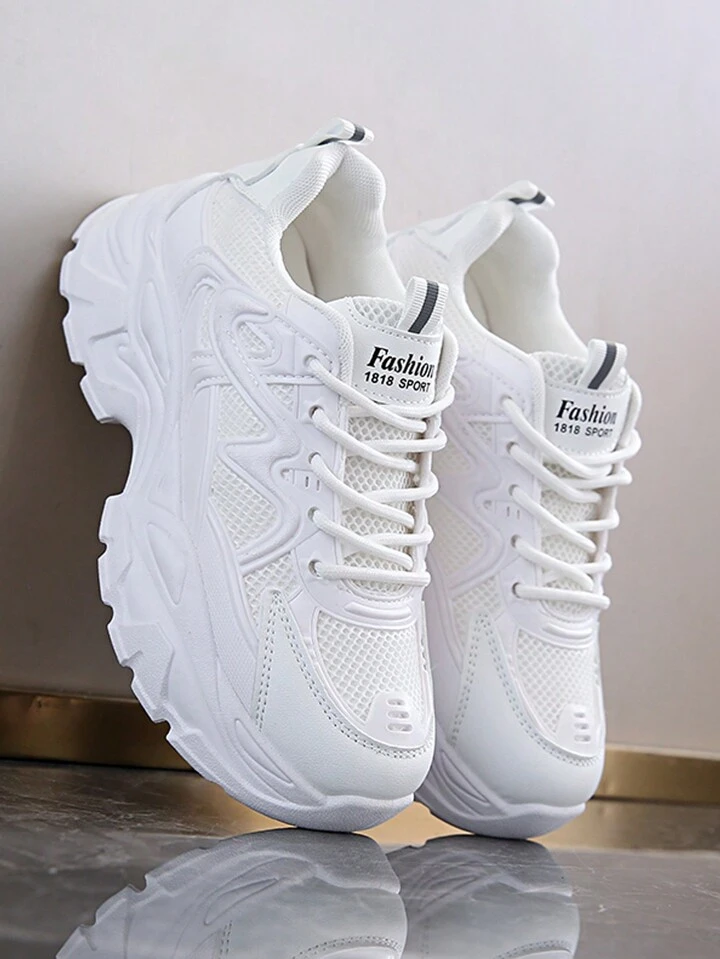 Women s Breathable Mesh Chunky Sneakers New Student Comfortable White Platform Running Shoes Fashion Lace Up Casual Sport Shoes SHEIN UK
