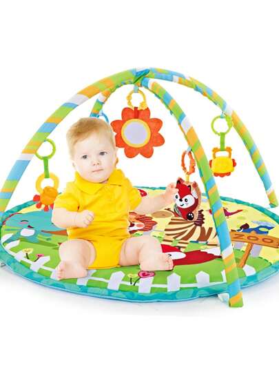 1set Animal Pattern Baby Play Gym & Activity Mat, Washable, 5pcs Detachable Toys, Baby Play Mat Baby Activity Fitness Center Promoting Visual, Auditory, Tactile, Cognitive Sensory Development And Motor Skills, Newborn Baby Essential Gift