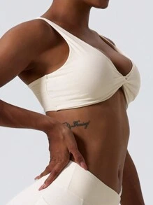 1 件超柔裸色面料透气吸汗瑜伽运动内衣扭胸设计背带户外健身休闲胸罩跑步普拉提女士 - 米色 - 查看 3