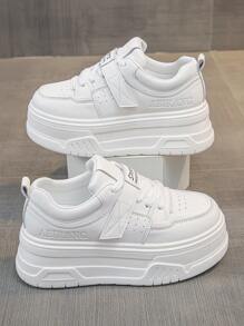 Fall/Winter Women's Platform Sneakers, Fashionable Lace-Up & Hook And Loop Closure White Shoes, Increase Height & Slimming, Casual Outdoor Sports Shoes - White - View 2