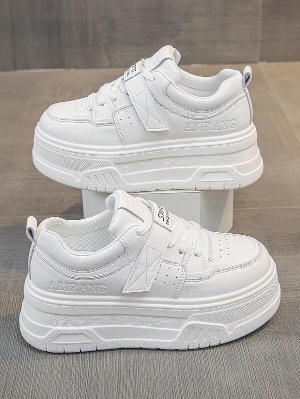 Women Thick Sole Sneakers Casual Lace Up Hook-And-Loop Platform Shoes Non-Slip Waterproof White