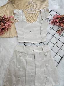 Fleur De Lis - Cropped Children's Set And Tailored Skirt Shorts With Covered Buttons - Màu be - Xem 2