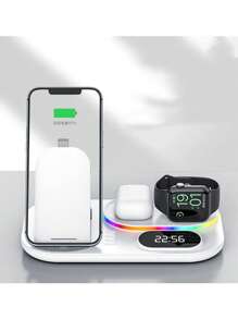 Base de carga inalámbrica magnética de 30W con cuatro funciones que puede cargar teléfonos móviles, relojes y auriculares, y tiene funciones de luz LED y despertador. - Blanco - Ver 7