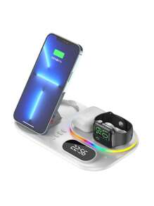 Base de carga inalámbrica magnética de 30W con cuatro funciones que puede cargar teléfonos móviles, relojes y auriculares, y tiene funciones de luz LED y despertador. - Blanco - Ver 6