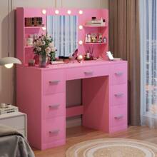 Furniwell 43" Vanity Desk Set With Power Outlet, Makeup Vanity Table With Bulbs Mirror 3 Color & Brightness Adjustable 7 Drawers For Storage,   Makeup Vanity Desk With Outlets, Large Mirror With Light Bulbs Color & Brightness Adjustable,  7 Drawers For Storage With Hairdryer Holder Gift For Girls Women - 淺粉色 - 查看 2
