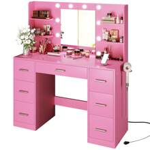 Furniwell 43" Vanity Desk Set With Power Outlet, Makeup Vanity Table With Bulbs Mirror 3 Color & Brightness Adjustable 7 Drawers For Storage,   Makeup Vanity Desk With Outlets, Large Mirror With Light Bulbs Color & Brightness Adjustable,  7 Drawers For Storage With Hairdryer Holder Gift For Girls Women - 淺粉色 - 查看 10