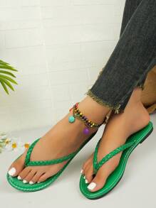 女士夏季露趾平底凉鞋，编织带人字拖，轻便休闲拖鞋 - 綠色 - 查看 6