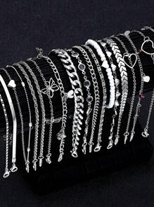22pcs/Set Elegant Minimalist Sea Inspired Simulated Shell Beaded, Heart, Butterfly, Star, Cross Hollow Chain Anklet Set, Adjustable Size, Fashion Personalized, Suitable For Vacation, Date, Beach, Daily Match, Anniversary Gift