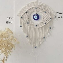 手工编织土耳其蓝色邪眼壁挂 - 手工纱线编织，邪眼护身符，家居装饰摆件，蓝色玻璃邪眼，家居装饰，房间装饰，墙面装饰礼物，生日毕业礼物 - 米色 - 查看 11