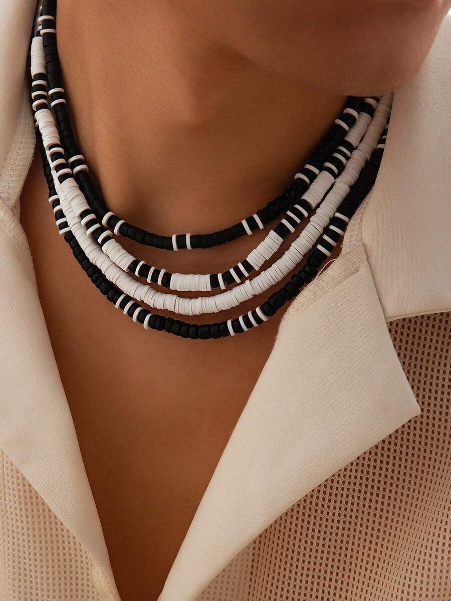 4 件套波西米亚风简约黑白陶瓷珠项链套装男士 - 黑與白 - 查看 1