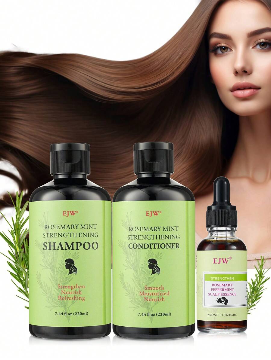 Conjunto para Cuidados com o Cabelo 3 peças, Shampoo Orgânico de Alecrim e Hortelã, Condicionador e Óleo Essencial para o Couro Cabeludo, Limpa e Ajuda no Fortalecimento dos Cabelos Fracos e Quebradiços