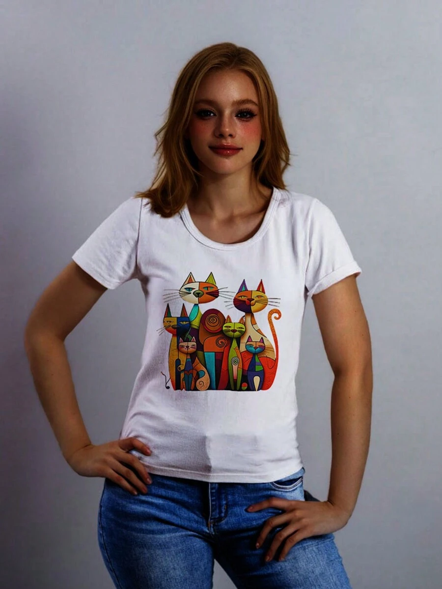 Printed T-Shirt Baby Look Neon Summer Short Sleeve T-Shirt - trắng - Xem 1