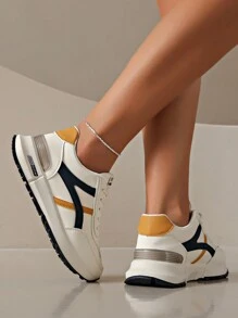 2024 年新款女士厚底运动鞋，4 季跑步鞋，白色皮革拼接时尚休闲厚底运动鞋 - 白色 - 查看 4