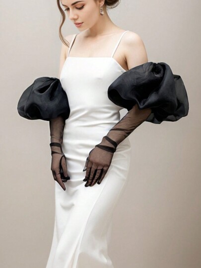 1pc White Organza Puff Sleeve Bridal Arm Sleeves + Gloves With Elastic Cuff Autumn Accessories