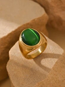 1枚18K镀金不锈钢椭圆形猫眼石镶嵌男士商务戒指，夏季配饰 - 戒指 - 查看 16