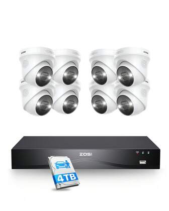 ZOSI Set telecamere di sorveglianza da esterno ZOSI 4K 24CH, telecamera da esterno IP PoE 8X 8MP con audio bidirezionale e rilevamento persone, NVR HDD da 4TB per videosorveglianza 24 ore su 24, 7 giorni su 7, C225