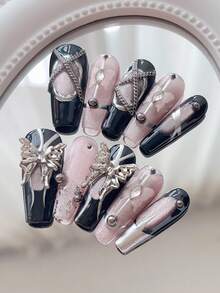 10 piezas Uñas postizas Serie Baddie Y2K - Decoración de cristales de mariposa negra y rosa, cadena metálica, piedras de ojo de gato, acentos de cuentas asimétricas - Multicolor - Ver 5