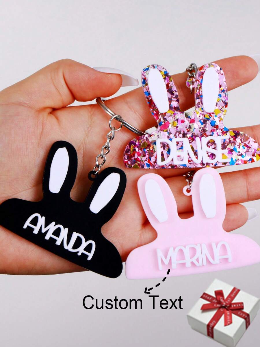 定制可爱兔子亚克力钥匙扣,彩色名字钥匙圈,复古简约不锈钢圆形钥匙扣,独特配饰,圣诞新年礼物 - 銀色圓形鑰匙扣 - 查看 1