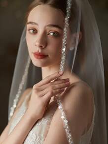 1件华丽闪亮亮片镶边新娘婚纱头纱，可搭配任何风格的婚礼，优雅金属发梳，适合秋季女士服装和情人节配饰 - 米色 - 查看 2