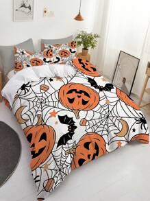 3pcs Halloween Duvet Cover, Pumpkin Bat Pattern Happy Halloween Bedding Set For Bedroom And School Dorm Room (1*Duvet Cover + 2*Pillowcase, Without Core)