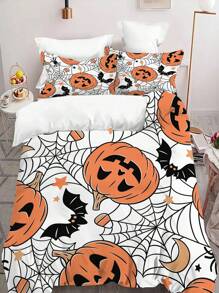 3pcs Halloween Duvet Cover, Pumpkin Bat Pattern Happy Halloween Bedding Set For Bedroom And School Dorm Room (1*Duvet Cover + 2*Pillowcase, Without Core)