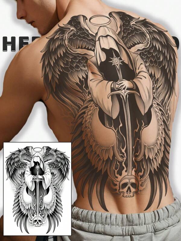 1Pc Archangel Backful Temporary Tattoo Waterproof Sweatproof Last For 1-2 Weeks Realistic Herbal Juice Non-Reflective Anti-Friction Faux Black Fake Tattoos For Man Tattoo Stickers For Back Modernist Body Art