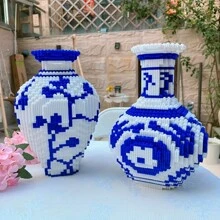 Bộ khối xây dựng bình sứ màu xanh và trắng - Bộ mô hình lắp ráp trang trí 3D sáng tạo dành cho người lớn, Đồ chơi xây dựng giáo dục, Món quà lý tưởng cho ngày lễ, Phần thưởng ở trường, Giáng sinh và bạn bè - Trong hơn 14 năm, Được đóng gói - Nhiều màu - Xem 2