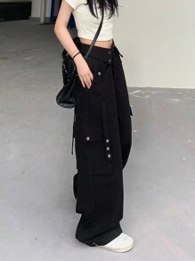 休闲纯色翻盖口袋侧边工装裤