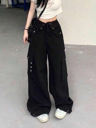 Casual Solid Color Flap Pocket Side Cargo Pants