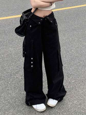Casual Solid Color Flap Pocket Side Cargo Byxor