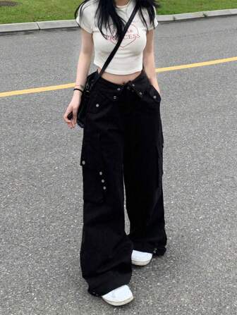 Casual Solid Color Flap Pocket Side Cargo Pants
