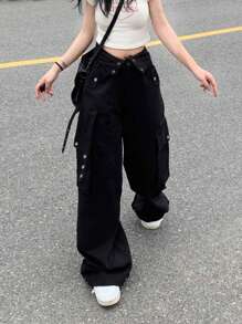 休闲纯色翻盖口袋侧边工装裤