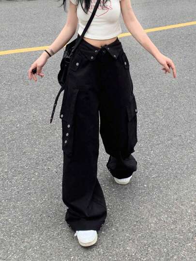 Rikumo Casual Solid Color Flap Pocket Side Cargo Pants