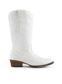 Women's Mid Calf Cowgirl Boots Cowboy Boots Pointed Toe Fashion Slip-On Chunky Heel Embroidery Stitched Western White Boots For Festival Party Shoes - 白色 - 查看 9