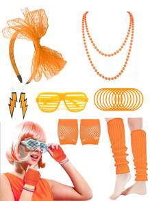 7/10pcs 80s Party Costume Accessories, 1980s Neon Color Dress Party Set, Women Neon Venetian Blinds Sunglasses Necklace Belt Leg Warmers Headband For Party, Dance - Multicolor - View 20