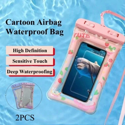 1 pieza / 2 piezas Bolsa impermeable para teléfono móvil con diseño de dibujos animados, bolsa impermeable transparente para teléfono con pantalla táctil, funda impermeable para teléfono con correa para cuello, adecuada para actividades al aire libre como snorkel, natación, deriva y protección del teléfono