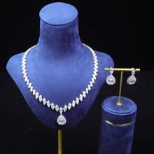 手工製作女士珠寶套裝，銀色經典水滴形和葉形鑲嵌鋯石項鍊耳環套裝，白金電鍍銅配AAA級鋯石，優雅奢華的婚禮派對服裝套裝 - 套裝 - 查看 7