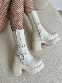 SHEIN BOTAS DE DAMA CON HERRAJES Y PLATAFORMA BAJA DE MODA MUJER - Beis - Ver 1