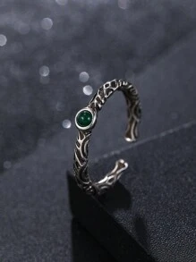 1 件装 镀铜 复古风格 绿色方晶锆石 可调节开口戒指 男士