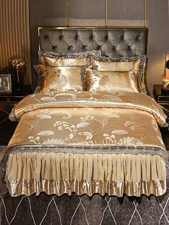 4 piezas Set de ropa de cama de satén jacquard europeo (1 pieza Funda de edredón + 1 pieza Falda de cama + 2 piezas Fundas de almohada), suave y acogedor, duradero, resistente al color, antibacteriano, cálido, adecuado para dormitorio, habitación de invitados, dormitorio, para hombres y mujeres, para todas las estaciones