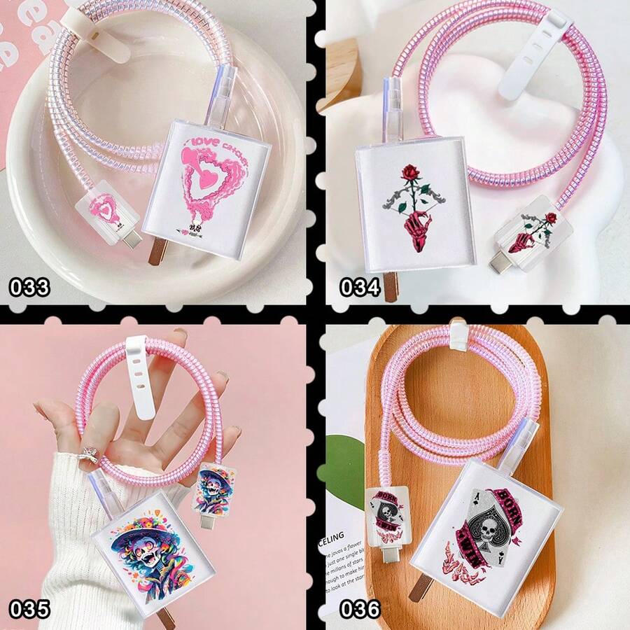 5件套骷髅猫图案数据线保护套 兼容小米67W-90W充电器 防摔防摔保护套 - 彩色 - 查看 1