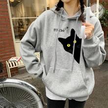 Men's Black Cat Hoodie Fashion Loose Sweatshirts Unisex Thicken Prints High Quality Pullover Street Warm Sportswear - 紅色 - 查看 2